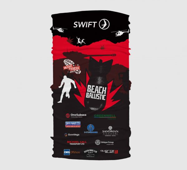 Custom printed Buff. Swift event supplies printed headwear. Protects face from sun, wind, insects and particles. Running custom wrag.