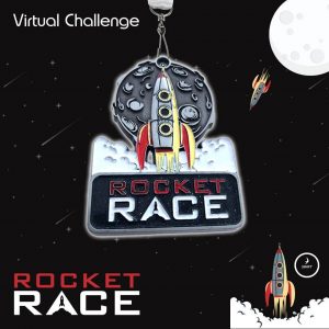 Virtual race sports medal cut out shape. Stay safe virtual medals by Rocket Race. To the moon and back virtual event medals