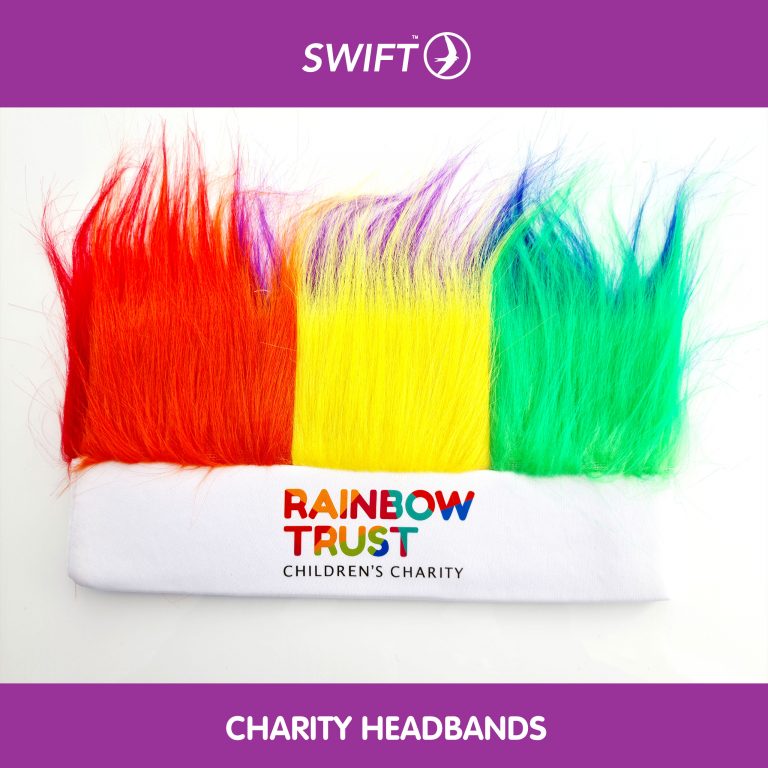 charity headbands for Rainbows Trust UK. Bespoke charity headbands. Fundraising supplies.