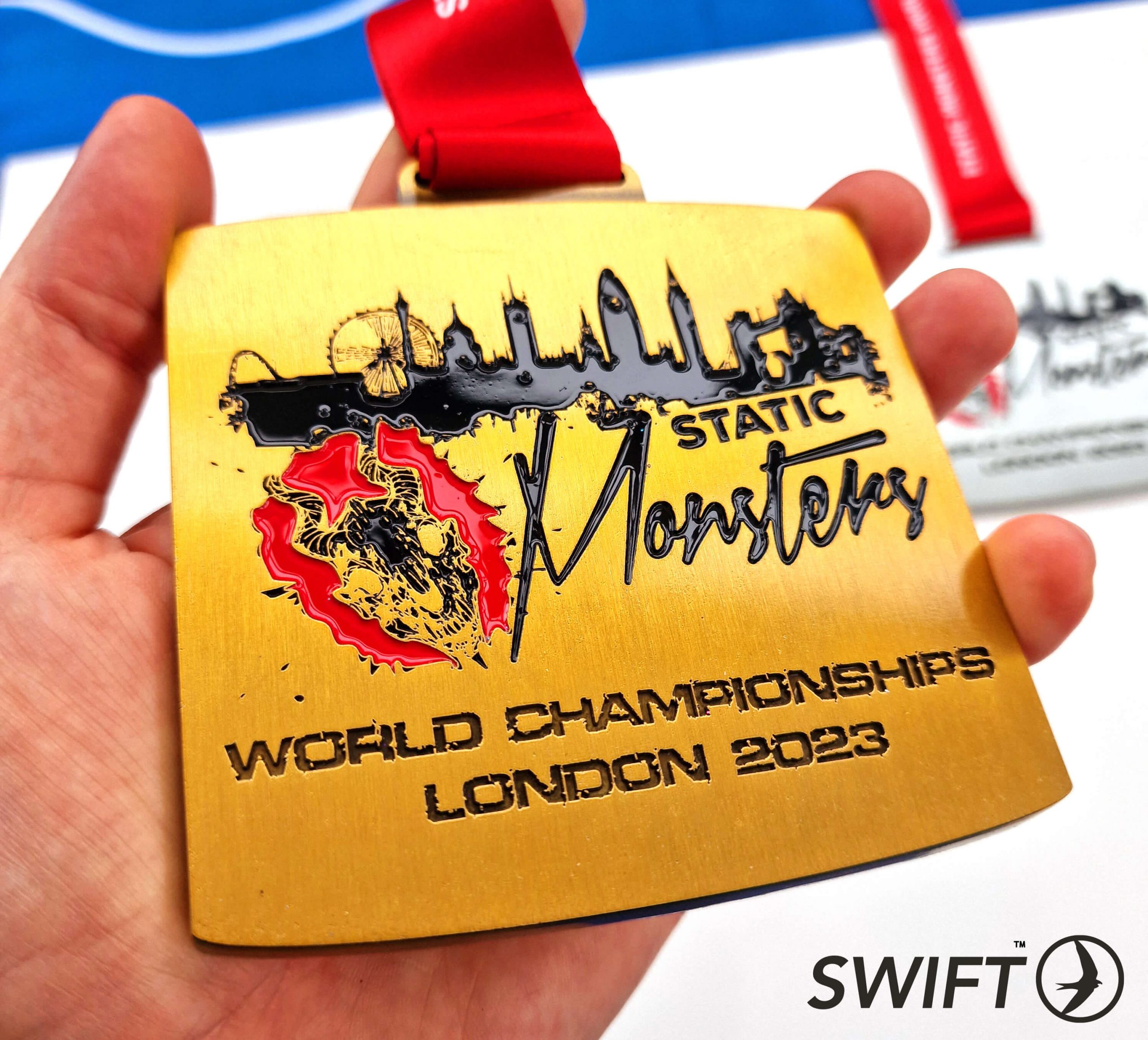 Static Monster World Championship Medals designed and manufactured by Swift Event Supplies