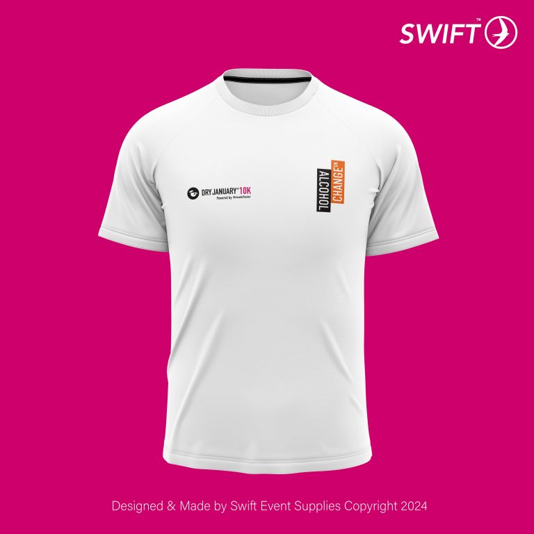 Printed charity event t-shirts. Alcohol Change UK printed t-shirts by Swift Event Supplies.
