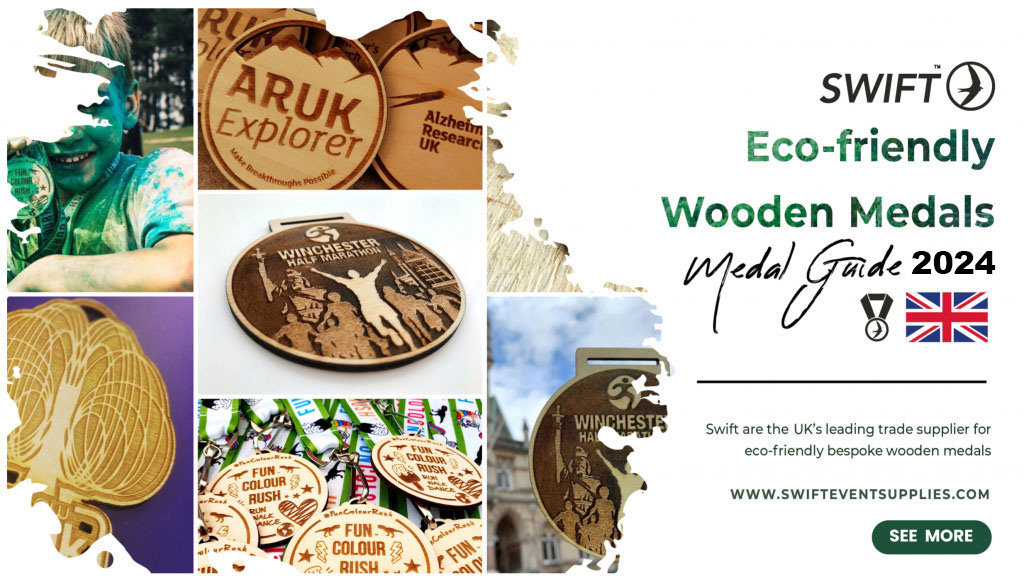 Wooden medal guide 2024. Bespoke wooden medals designed and made in the UK. Eco-friendly wooden medal guide 2024 by Swift Event Supplies.